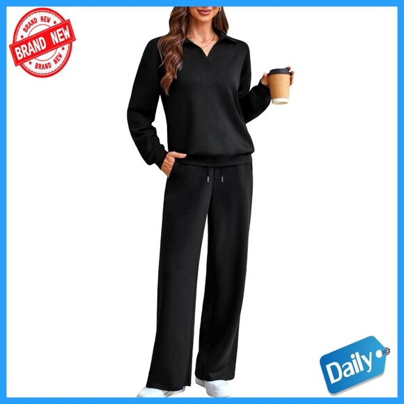 Pants - Women's 2-Piece Lounge Set Polo Collar Sweatshirt Straight Leg Sweatpants